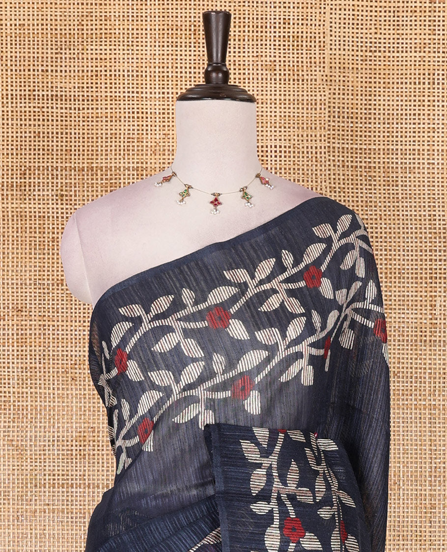 Elephant grey jamdani style floral vine design semi-jute silk saree, floral vine printed border, pallu, and blouse of small buttas print