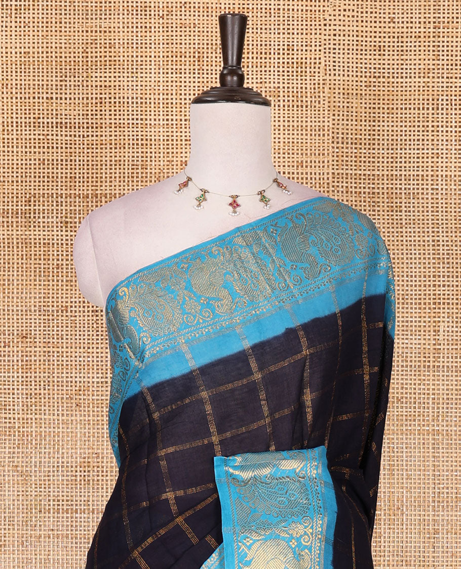 Navy blue and sky blue zari checked Sungudi cotton saree, contrast peacock motifs zari border, checked pallu, and contrast checked blouse