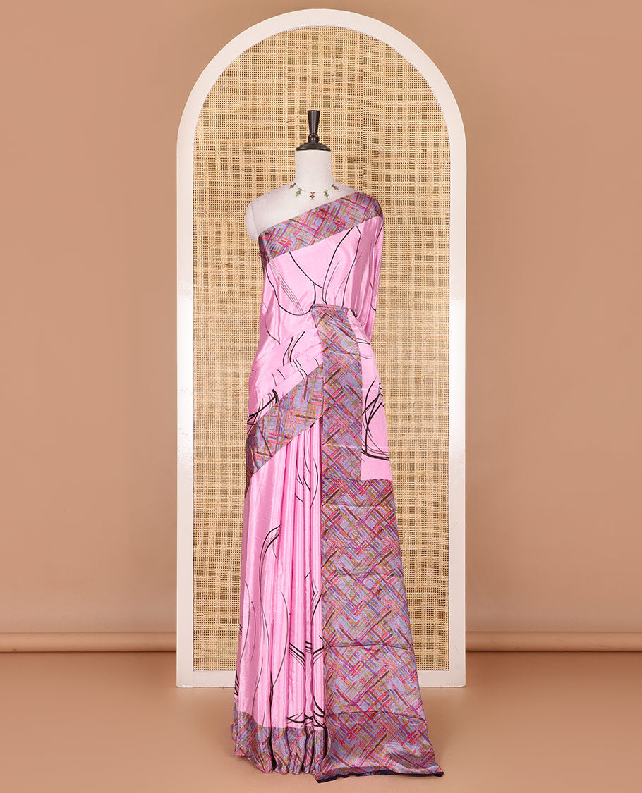 Pink abstract style geometric printed Turkey crepe saree, contrast border, and pallu of abstract textured print