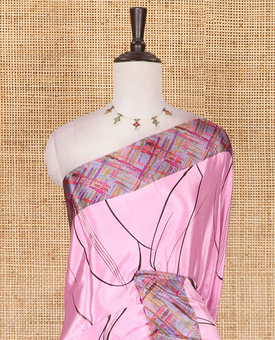 Pink abstract style geometric printed Turkey crepe saree, contrast border, and pallu of abstract textured print