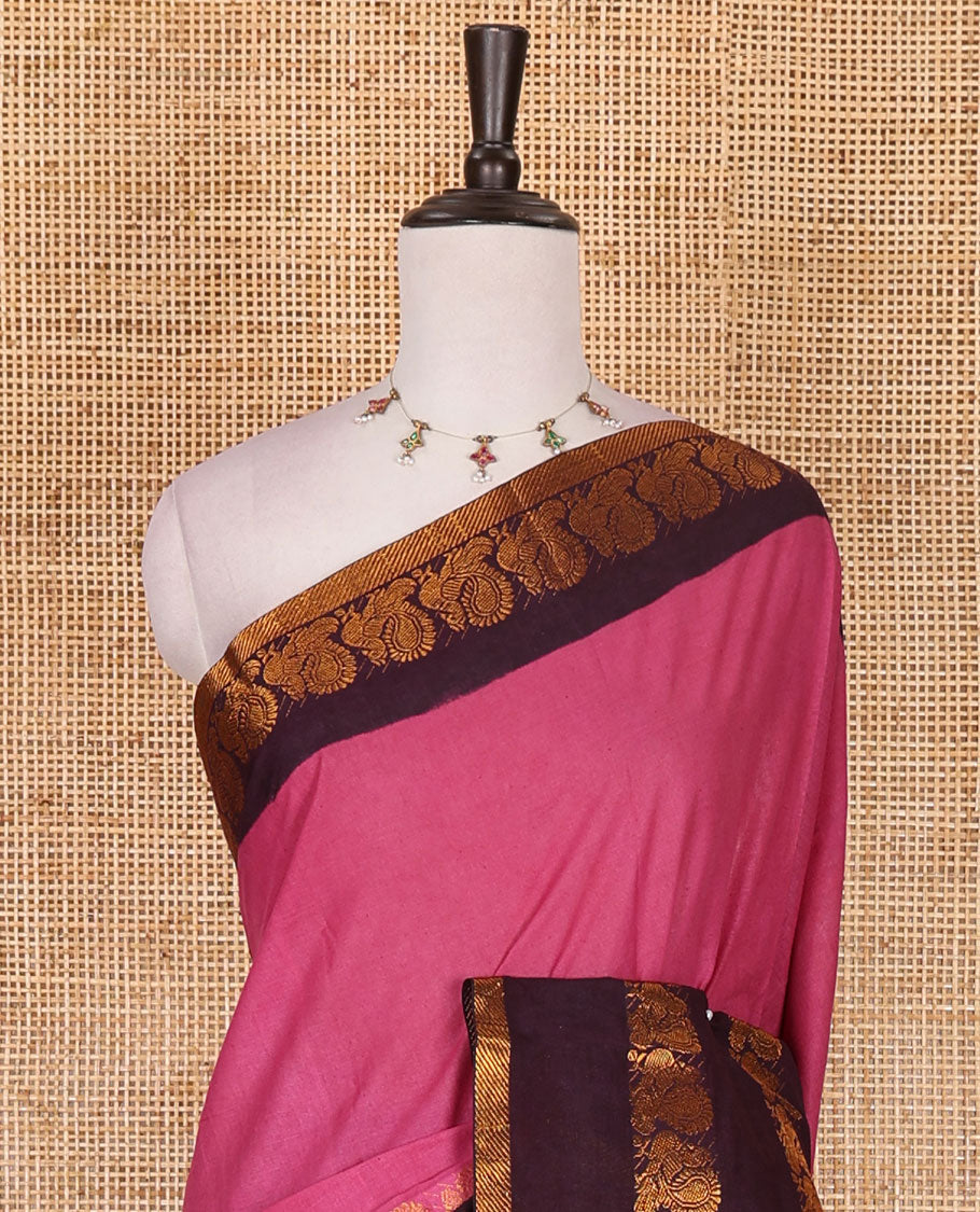 Pink plain sungudi cotton saree, contrast annam motifs, gold zari woven border, zari striped, and zari design contrast blouse