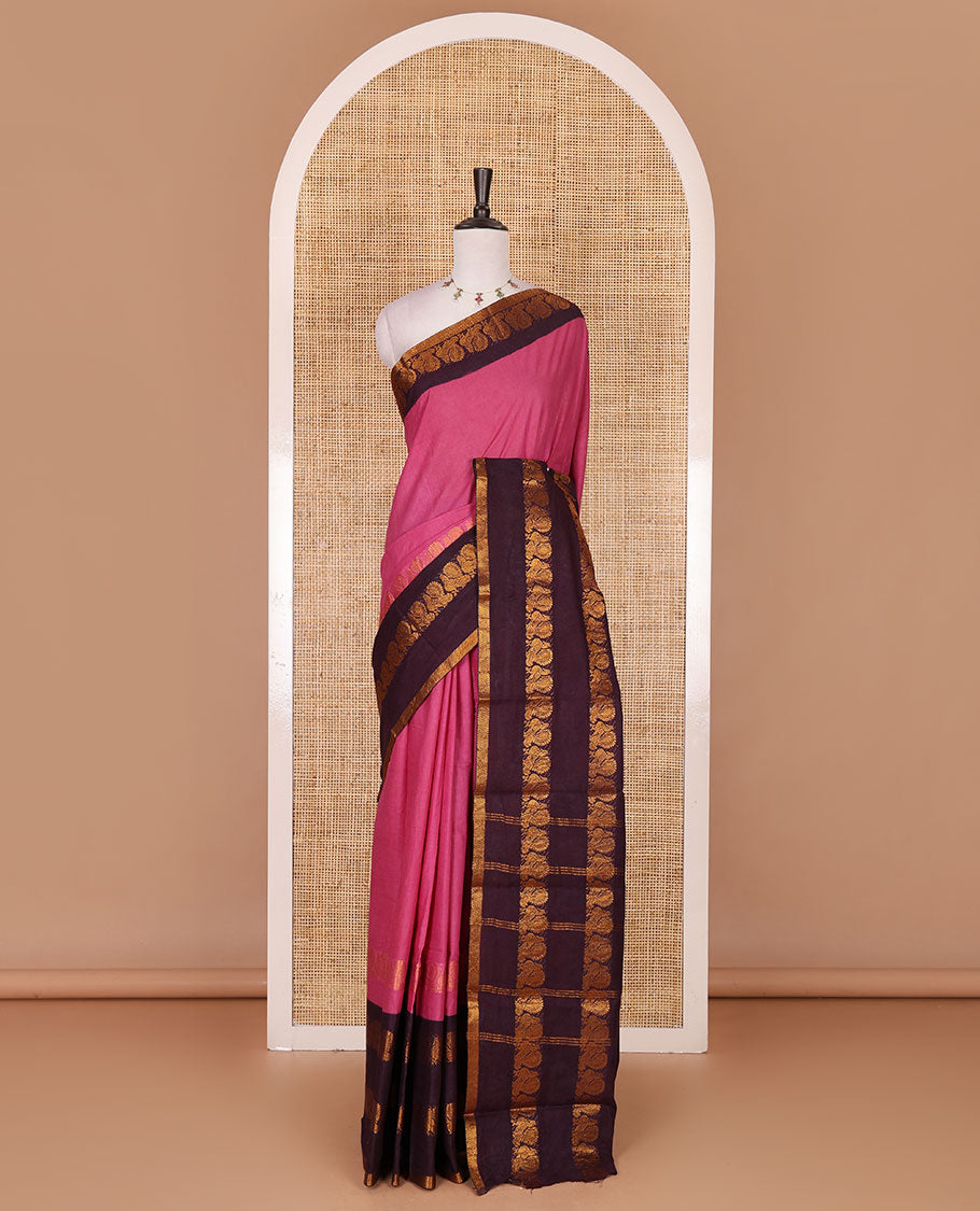 Pink plain sungudi cotton saree, contrast annam motifs, gold zari woven border, zari striped, and zari design contrast blouse