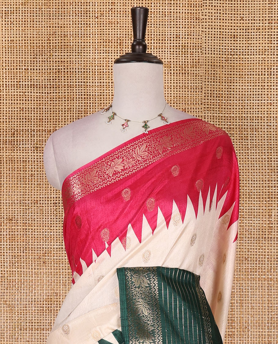 Cream zari buttas dola silk saree, contrast pink-green temple ganga jamuna traditional zari border, paisley pallu, and contrast zari design blouse