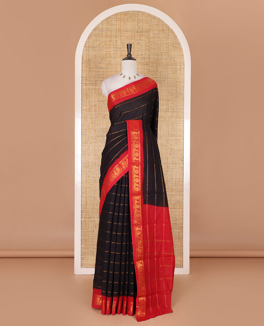 Black and red veldhari zari striped Sungudi cotton saree, contrast peacock zari motif border, zari striped pallu, and contrast zari design blouse