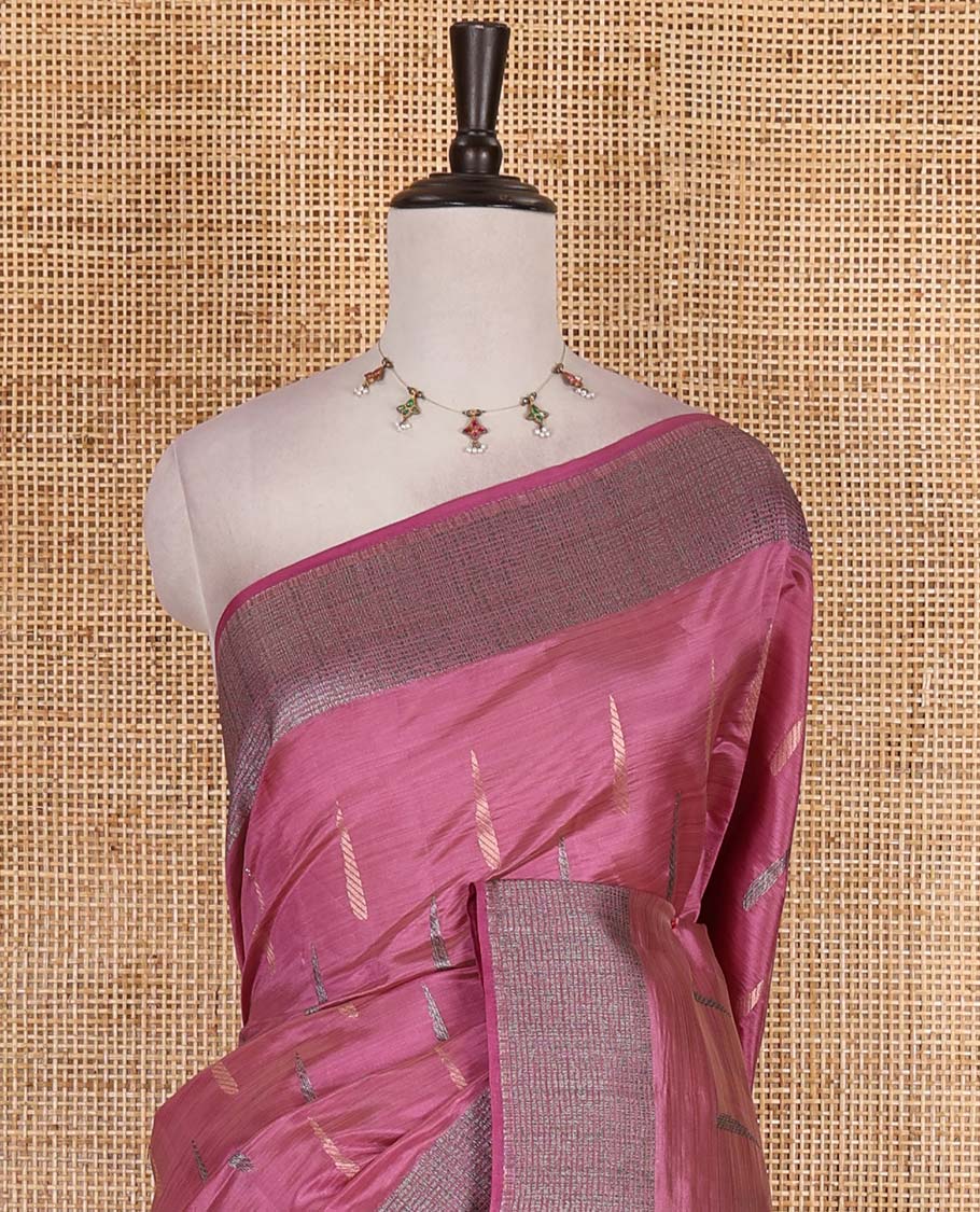Pink buttas woven semi-tussar saree, zari border, geometric patterned pallu, and a matching blouse