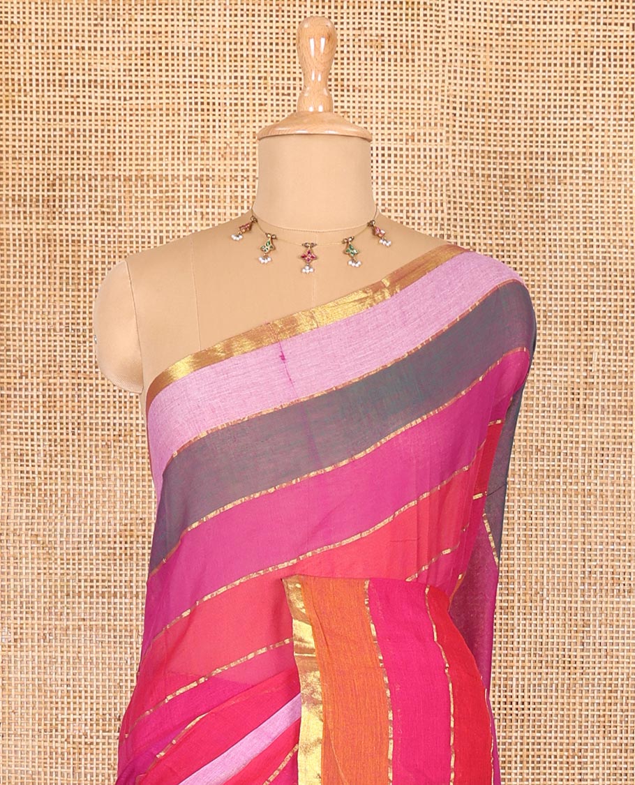 Wine rainbow-style striped Khadi mul cotton saree with piping zari border, and a matching zari striped blouse