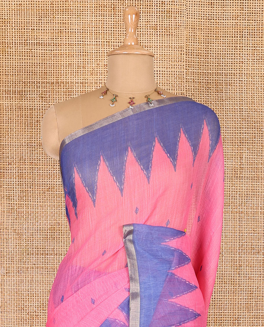 Pink small thread buttas linen cotton saree, contrast temple zari piping border, striped pallu and a contrast blouse