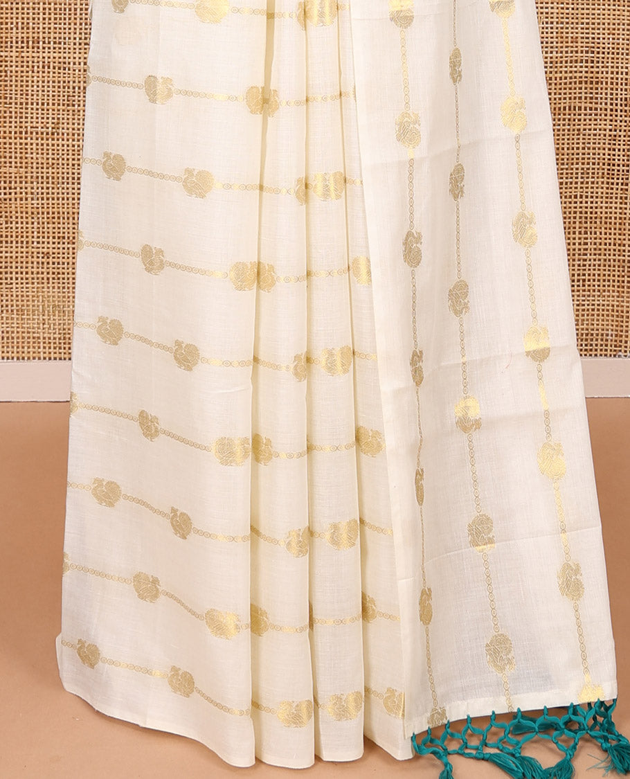 Borderless cream-ramar blue peacock and horizontal zari striped Kerala cotton saree, self-pallu with tassels, and a matching blouse