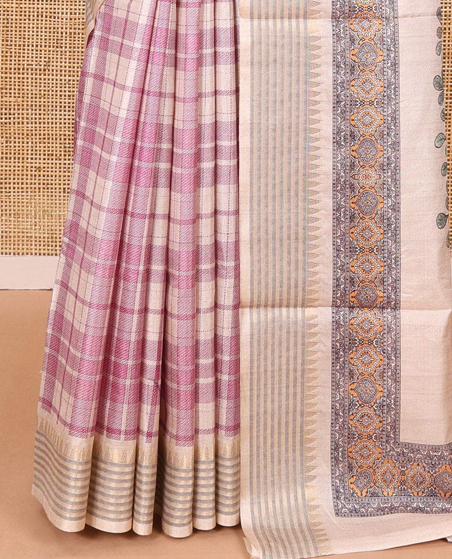 Magenta checked patterned semi-tussar saree with contrast temple striped border, Madhubani printed pallu, and a contrast printed blouse