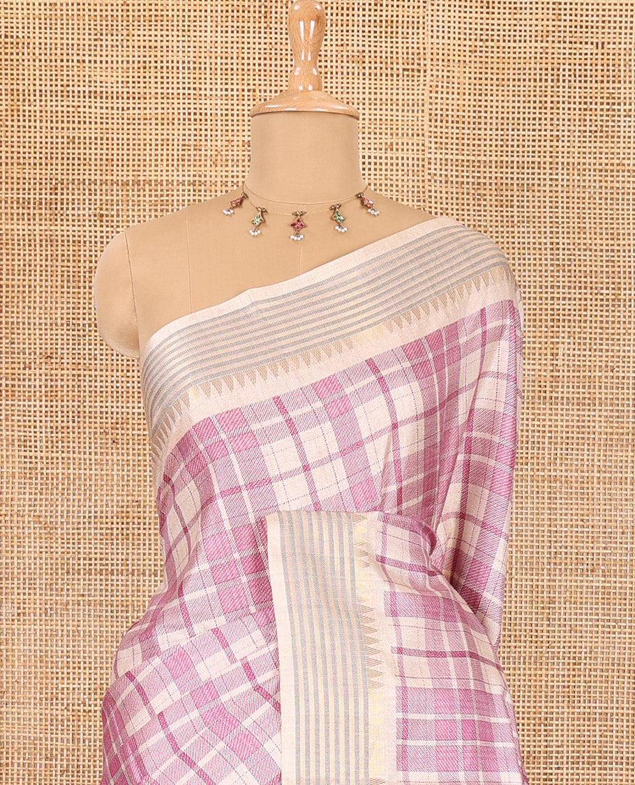 Magenta checked patterned semi-tussar saree with contrast temple striped border, Madhubani printed pallu, and a contrast printed blouse