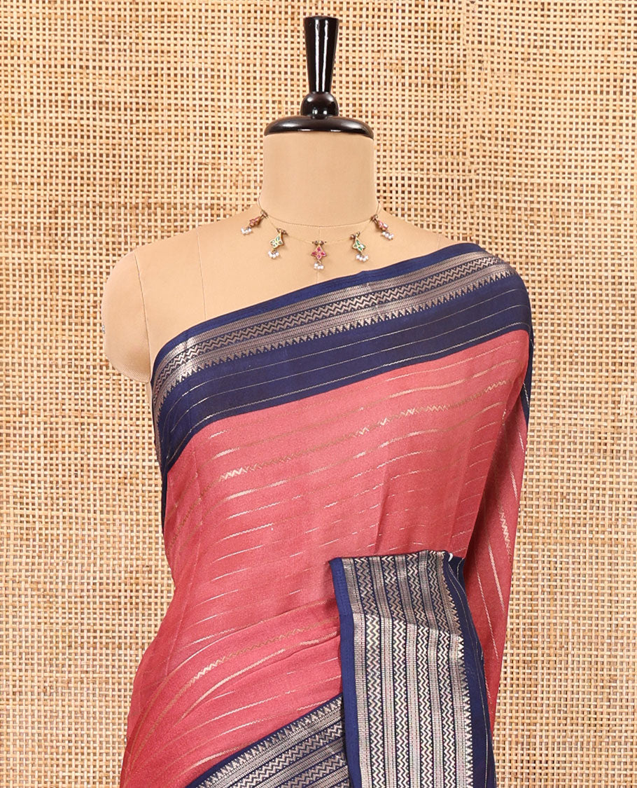 Onion pink horizontal zari striped moss chiffon saree, contrast traditional zari border, striped pallu, and a contrast zari design blouse