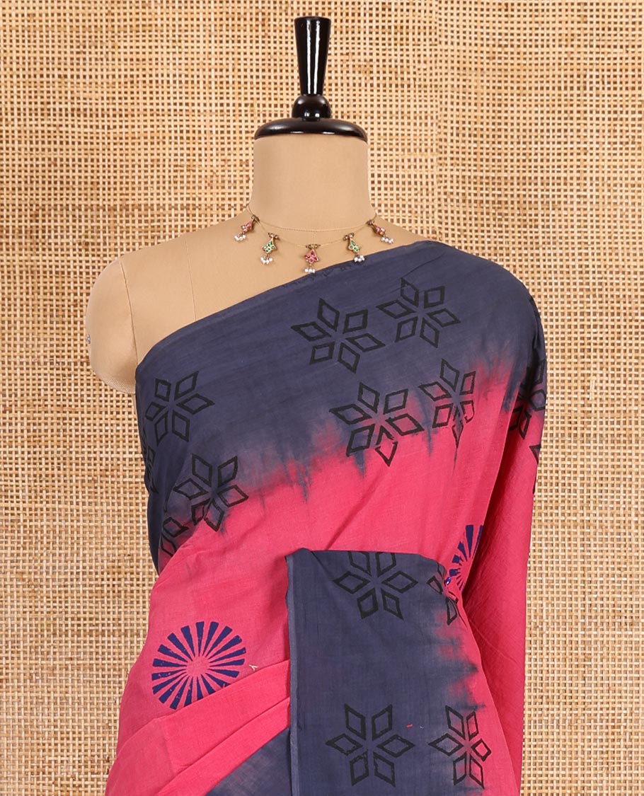 Pink sunbrust motifs block printed mul cotton saree, contrast floral motifs block printed border, block printed pallu, and contrast plain blouse
