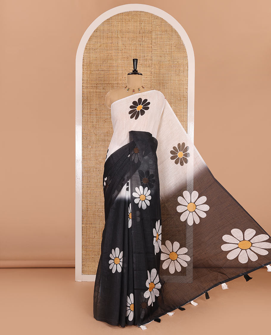 Borderless white-black 2D-style daisy floral printed linen cotton saree, daisy floral printed pallu, and daisy floral printed blouse