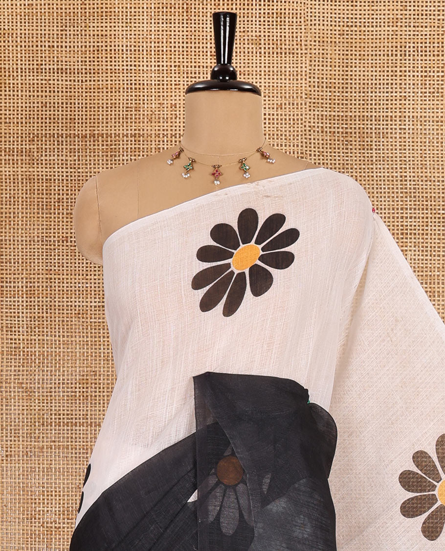 Borderless white-black 2D-style daisy floral printed linen cotton saree, daisy floral printed pallu, and daisy floral printed blouse