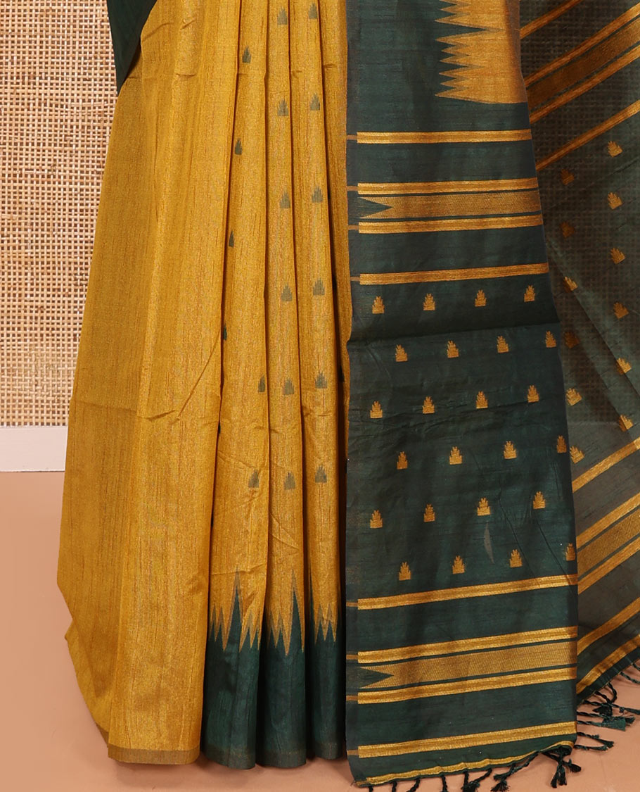 Mustard buttas semi-jute saree with contrast temple border, thread striped pallu, and a contrast thread buttas blouse