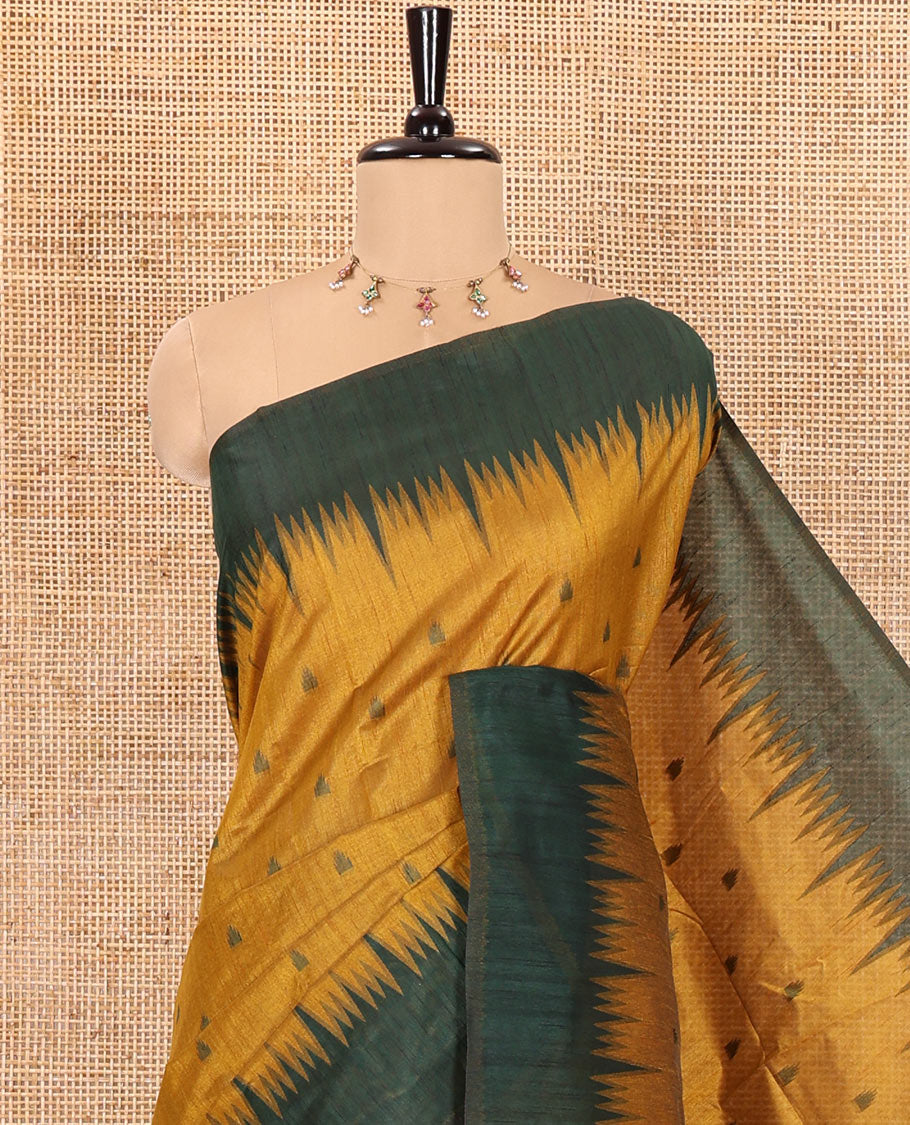 Mustard buttas semi-jute saree with contrast temple border, thread striped pallu, and a contrast thread buttas blouse