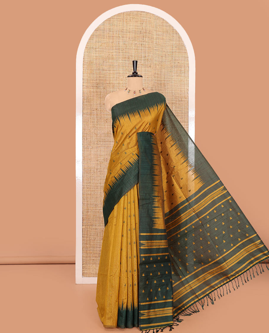 Mustard buttas semi-jute saree with contrast temple border, thread striped pallu, and a contrast thread buttas blouse