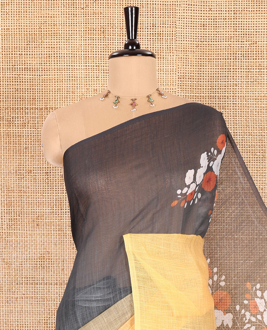 Borderless Yellow Linen Cotton Saree Decked up with Nature-Theme Print Featuring the Sun, Trees, and Birds All Over the Saree, Paired with a Striped Blouse