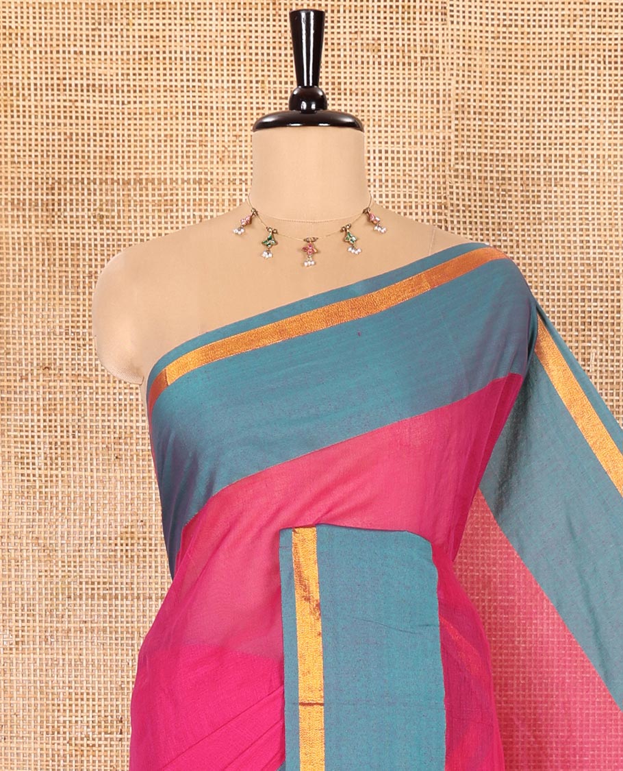 Rani Pink Plain Khadi Mul Cotton Saree Highlighted with a Contrast Piping Border, Plain Pallu, and Paired with a Matching Blouse