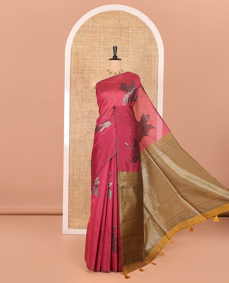Borderless Pink Kicha Tussar Saree Artfully Woven with Big Zari Floral Motifs All Over Its Body, Complemented by Intricately Zari-Woven Pallu, and a Contrast Blouse