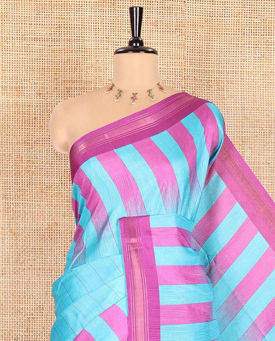 Blue Manipuri Silk Saree, Subtly Woven with Vertical Stripes All Over Its Body, Complemented by Contrast Zari Border, Sparsely Striped Pallu, and Paired with a Contrast Blouse