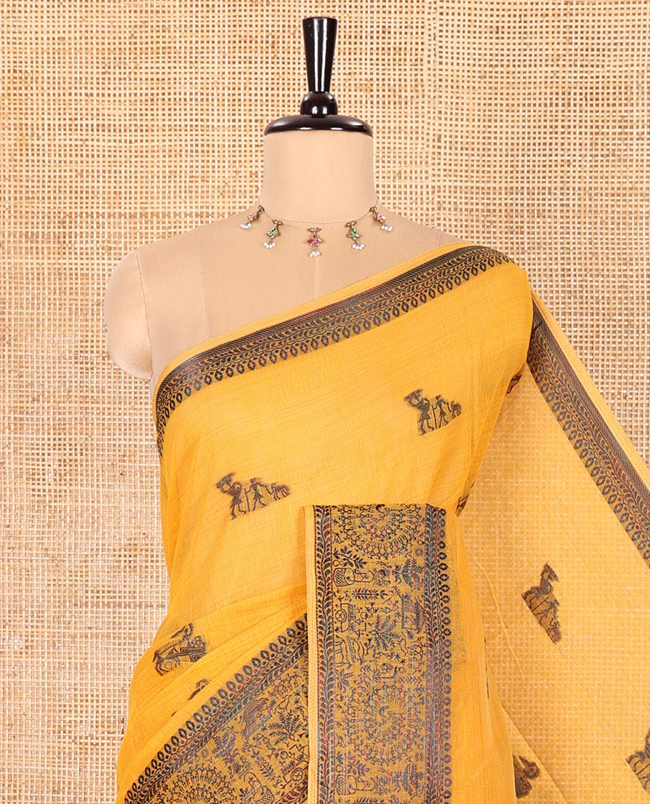 Yellow Chanderi Cotton Saree Delicately Woven with Warli Motifs All Over Its Body, Featuring a Subtly Sparkled Border Depicting Warli Village Motifs, Subtly Striped Pallu, and Paired with a Matching Blouse