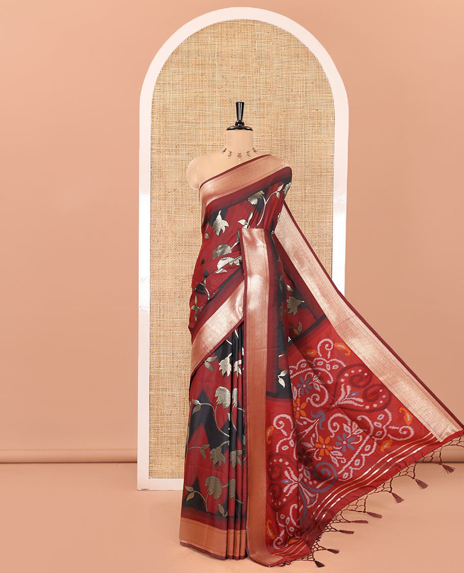 Maroon Mulberry Soft Silk Saree, Dazzled with Zig-Zag Stripes and Floral Jaal Design on Its Body, Highlighted by a Zari-Decked-Up Border, Pallu Features an Ikkat Design Weave, and Paired with a Blouse