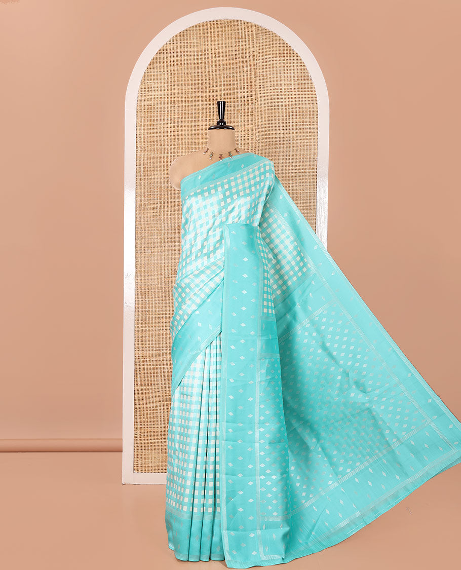 Blue Kanchi Silk Saree, Decked Up with Checked Design on Its Body, Highlighted by a Self-Border of Diamond Patterns, Pallu Steeped with Buttas, and Paired with a Matching Blouse