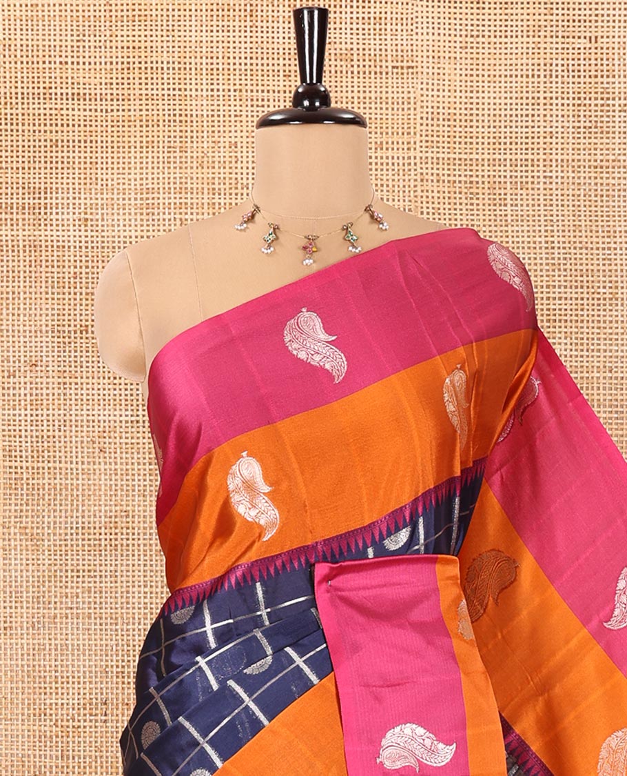 Blue Warm Silk Saree, Gracefully Embellished with Zari Buttas Enclosed Checks on Its Body, Complemented by a Contrast Border of Unique Designs, Pallu of Paisleys, and Paired with a Matching Blouse