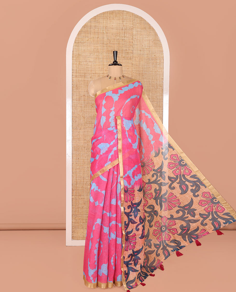 Pink Linen Cotton Saree, Adorned with Shibori Print On Its Body, Subtle Piping Border, Pallu Steeped with Floral Vine Print, and Paired with a Printed Blouse
