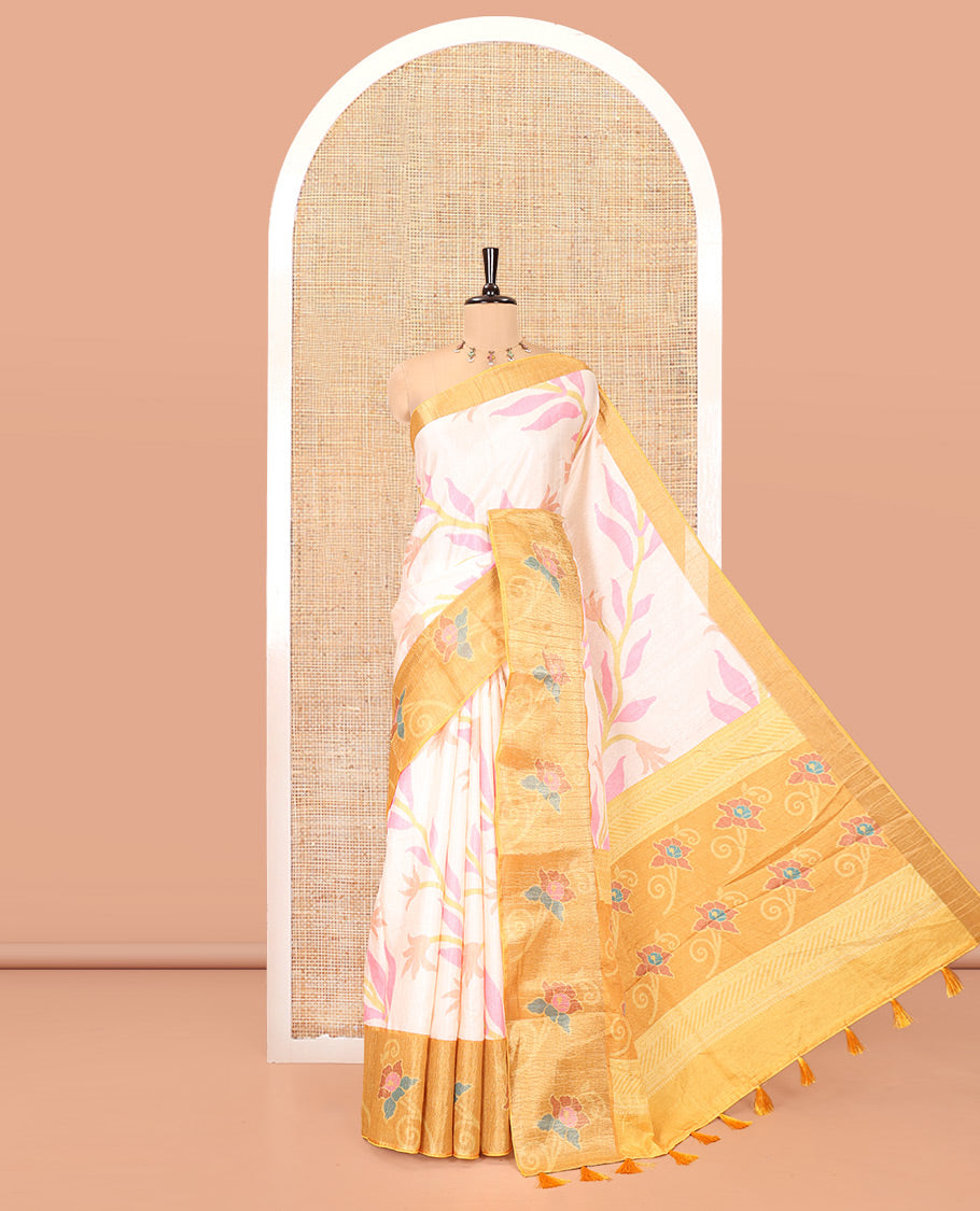 Cream Manipuri Silk Saree, Subtly Sparkled with Pochampally-Style Floral Design on Its Body, Complemented by a Contrast Border of Floral Design, Pallu of Floral Motifs, and Paired with a Contrast Blouse