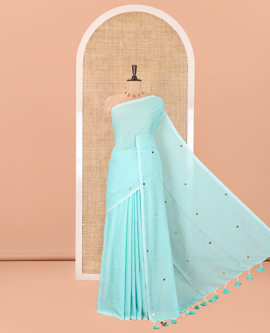 Borderless Sea Green Mul Cotton Saree, Subtly Sparkled With Big Sequins Work On Its Body, a Self-Pallu and Paired with a Matching Blouse