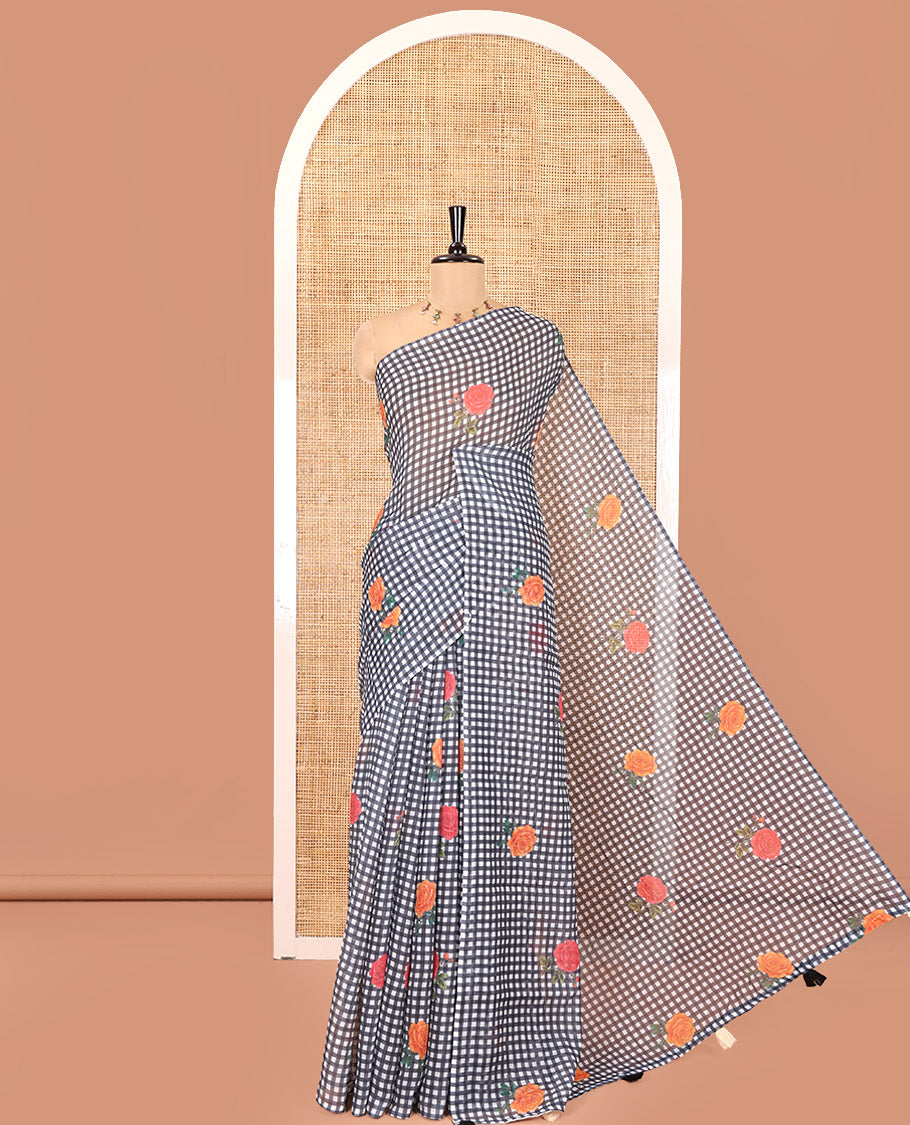 Borderless Black Linen Cotton Saree, Adorned with Checked Design and Rose Motifs on Its Body, a Self-Pallu, and Paired with a Contrast Blouse