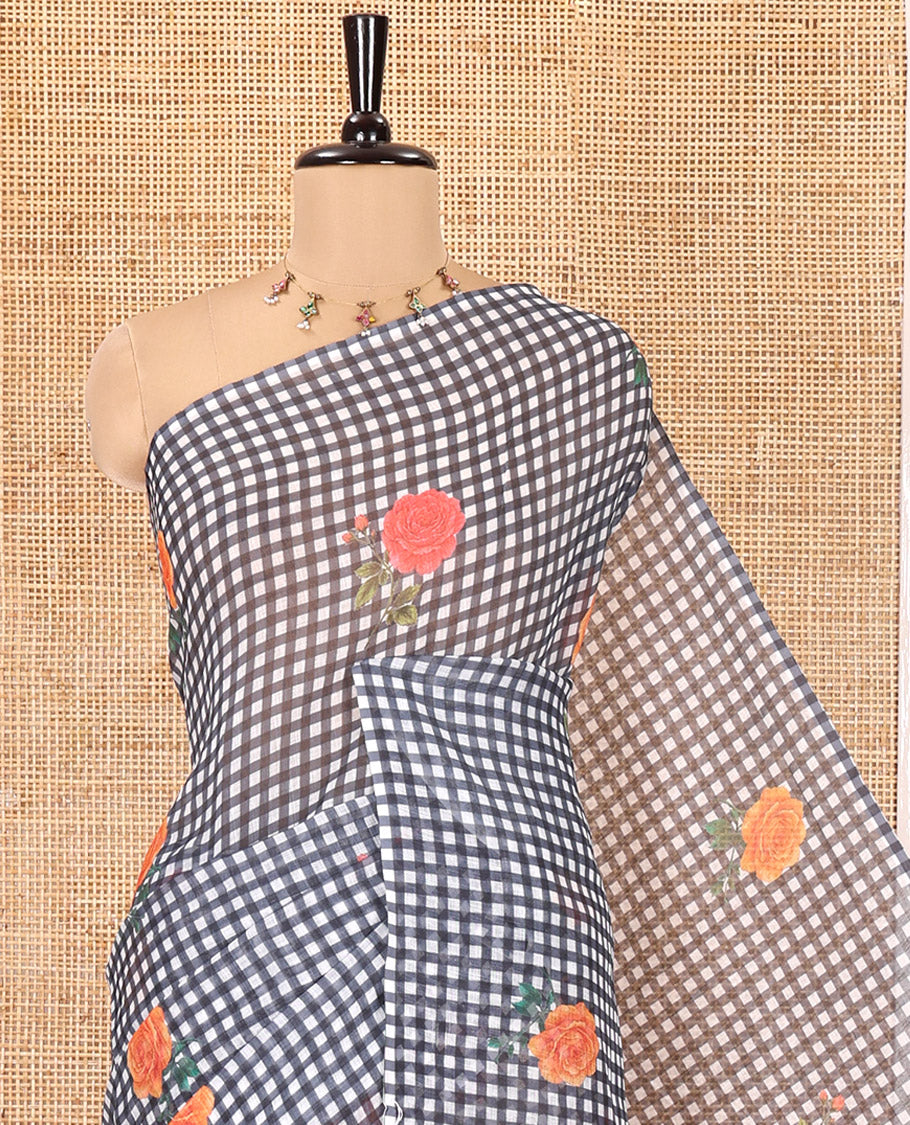 Borderless Black Linen Cotton Saree, Adorned with Checked Design and Rose Motifs on Its Body, a Self-Pallu, and Paired with a Contrast Blouse