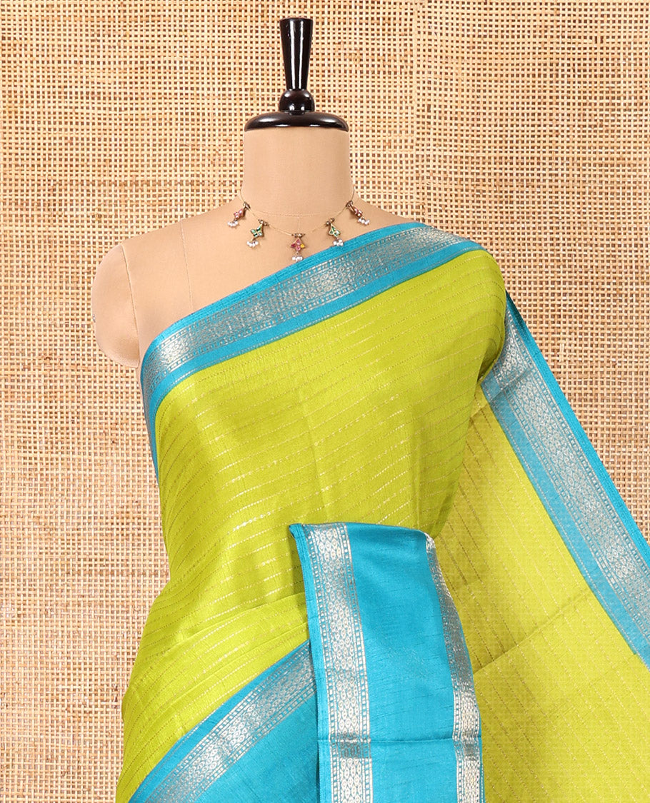 Parrot Green Dola Silk Saree, Ornamented with Zari Stripes, Contrast Traditional Zari Border, Striped Pallu, and a Contrast Blouse