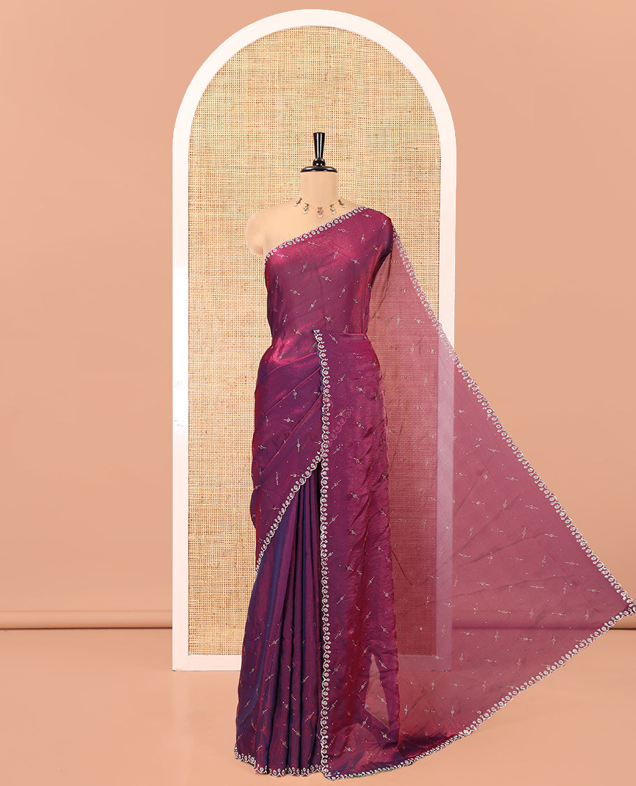 Violet Fendy Chiffon Saree, Highlighted by Swarovski Stone Work All Over the Body, Gleaming Swarovski Stone Work Border, a Self-Pallu, and Paired with a Fancy Designer Blouse