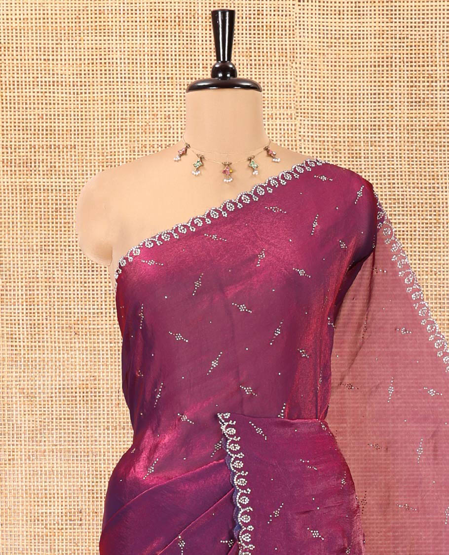 Violet Fendy Chiffon Saree, Highlighted by Swarovski Stone Work All Over the Body, Gleaming Swarovski Stone Work Border, a Self-Pallu, and Paired with a Fancy Designer Blouse