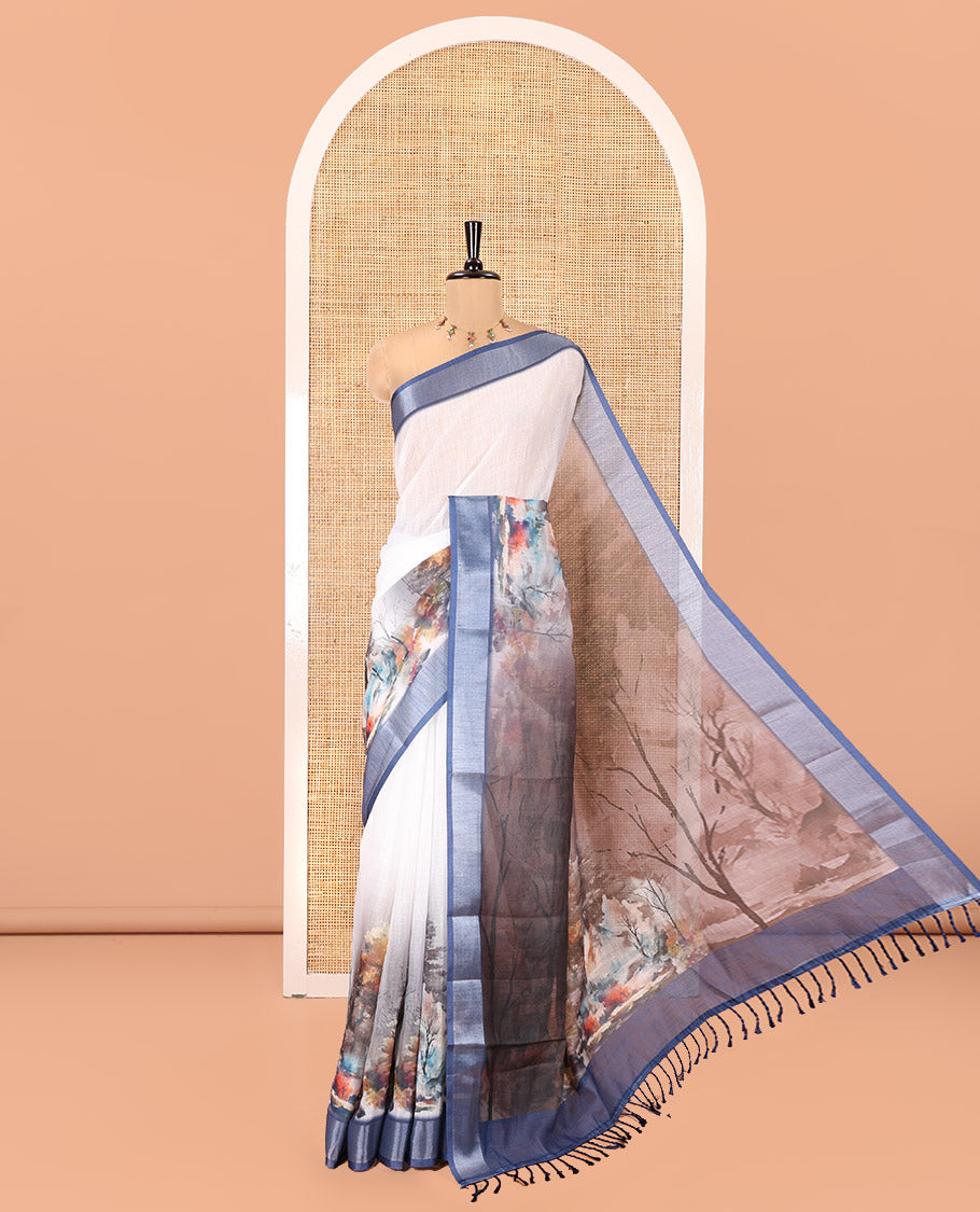 White-Brown Linen Cotton Saree, Meticulously Printed with Nature-Themed Scenery, Contrast Zari Border, and a Contrast Blouse
