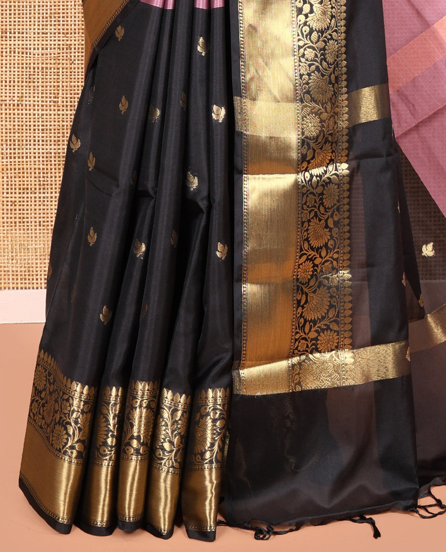 Pink and Black Banarasi Tissue Saree, Adorned with Half-And-Half-Style and Zari Buttas All Over Its Body, Complemented by a Contrast Traditional Zari Design Border, a Self-Pallu, and Paired with a Matching Blouse