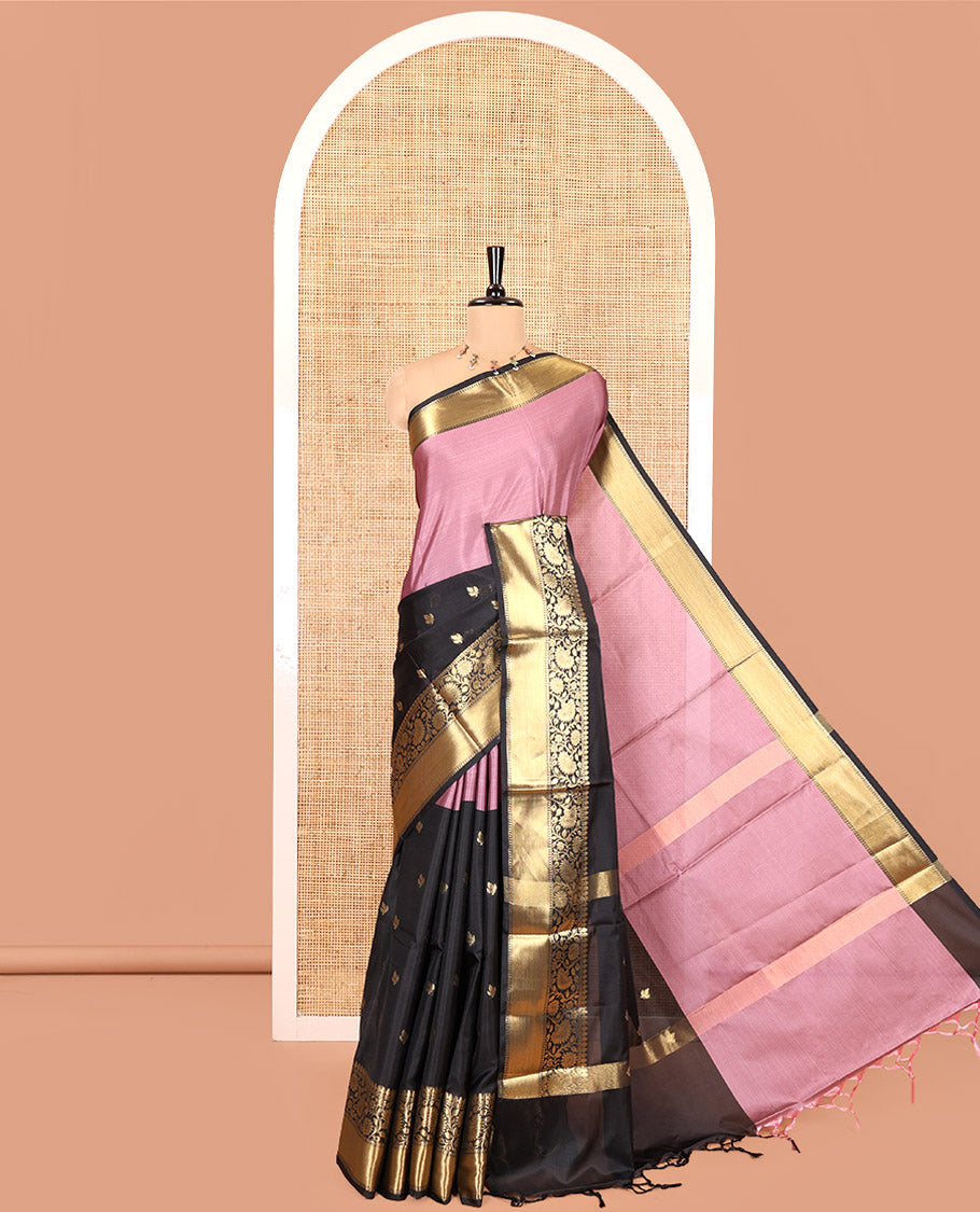 Pink and Black Banarasi Tissue Saree, Adorned with Half-And-Half-Style and Zari Buttas All Over Its Body, Complemented by a Contrast Traditional Zari Design Border, a Self-Pallu, and Paired with a Matching Blouse