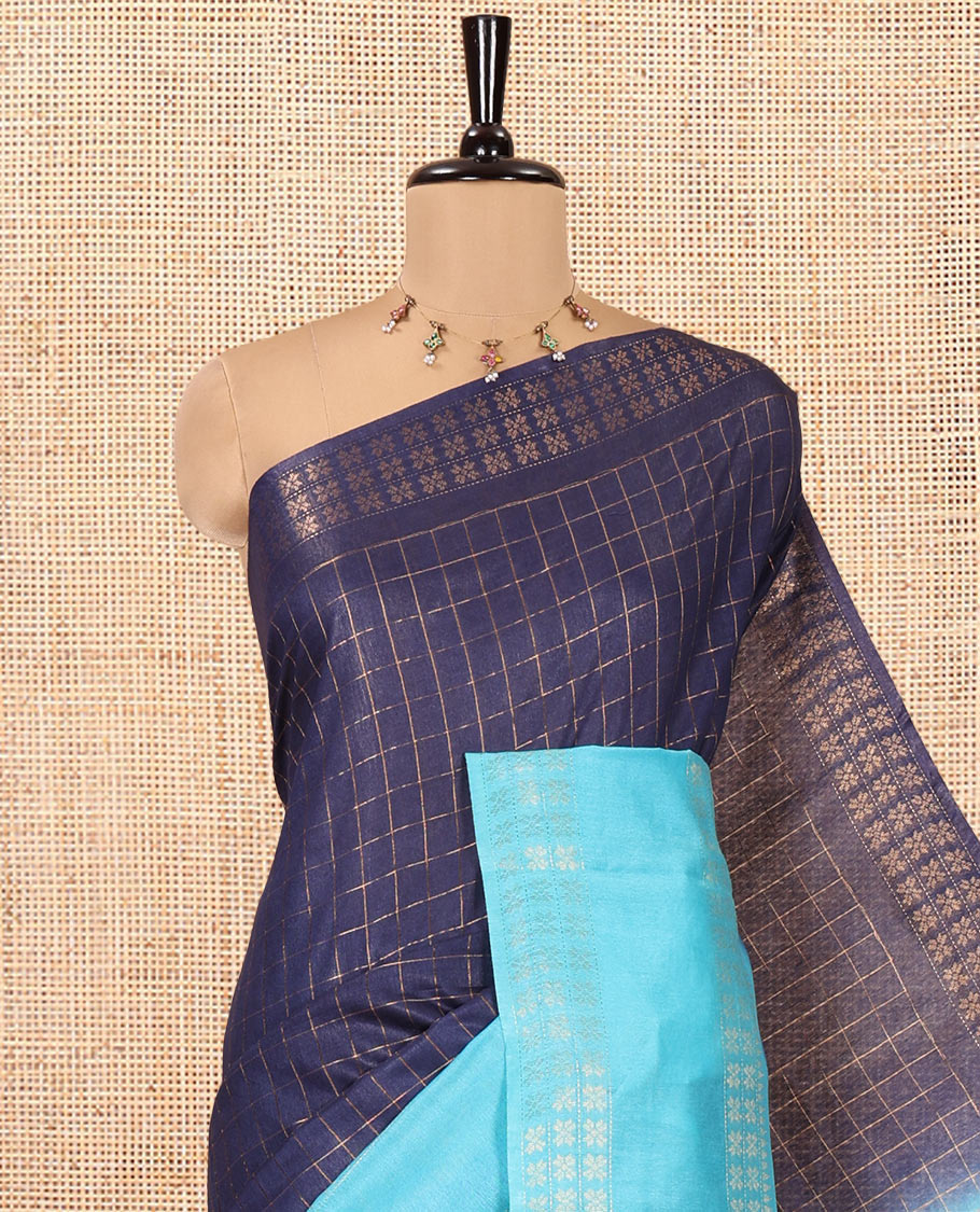 Navy Blue Bhagalpur Cotton Saree, Adorned with Zari Checked Design on Its Body, Complemented by a Contrast Traditional Zari Double-Pettu Border, Checked Design Pallu, and Paired with a Contrast Blouse