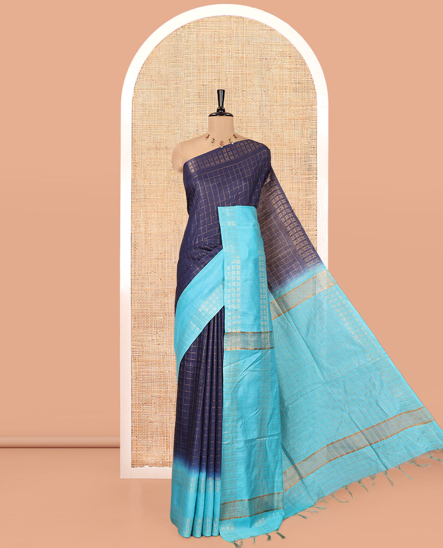 Navy Blue Bhagalpur Cotton Saree, Adorned with Zari Checked Design on Its Body, Complemented by a Contrast Traditional Zari Double-Pettu Border, Checked Design Pallu, and Paired with a Contrast Blouse