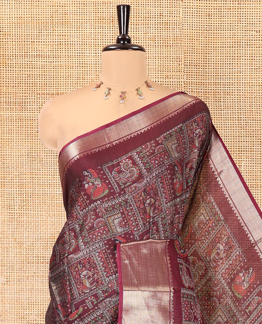 Wine Dola Silk Saree, Decked Up with Kalamkari-Style Peacock and Human Motifs Printed on Its Body, Highlighted by a Traditional Zari Design Border, a Self-Printed Pallu, and Paired with a Matching Blouse