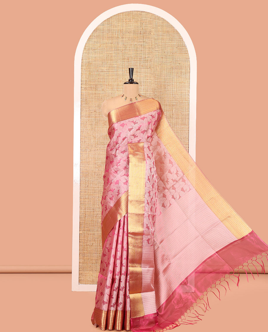 Onion Pink Tissue Saree, Gleamed Up with Leaf Jacquard Design, Zari Traditional Border, a Self-Pallu, and a Matching Blouse