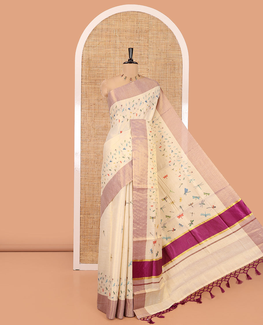 Gold Kerala Tissue Saree Features a Dragonfly Print, a Bavanji Border, a Contrast Pallu, and a Matching Blouse