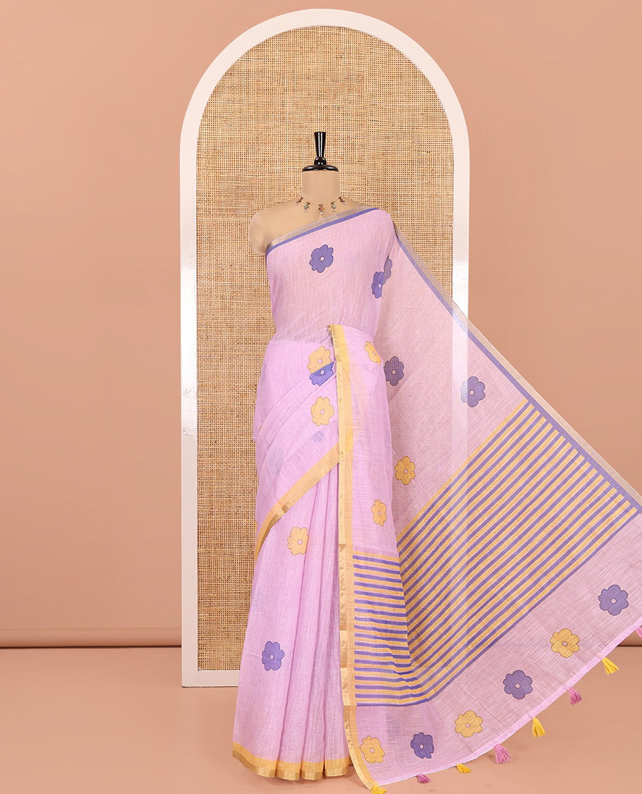 Lavender Linen Cotton Saree, Beautified with Flower Buttas, a Contrast Border, Multi-Color Striped Pallu, and a Contrast Blouse