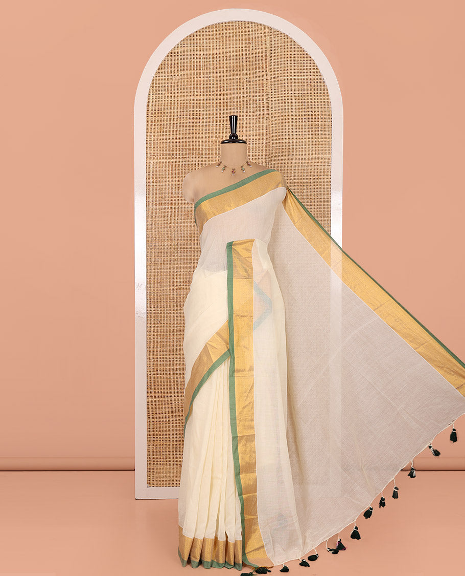 Cream-Green Plain Khadi Mul Cotton Saree, a Contrast Bavanji Zari Border, a Self-Pallu, and No Blouse