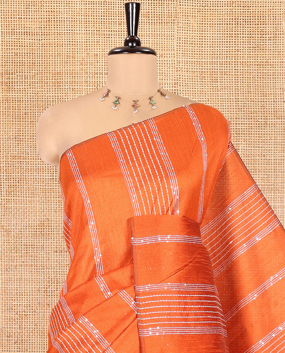 Borderless Rust Orange Semi-Raw Silk Saree, Decorated with Sequined Stripes, a Contrast Zari Striped Pallu, and Contrast Blouse