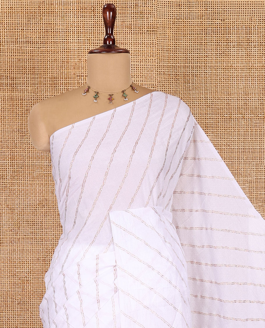 Borderless White-Green Rangoli Chiffon Saree, Gleamed Up with Foil-Printed Leheriya Stripes, a Contrast Sequins Blouse