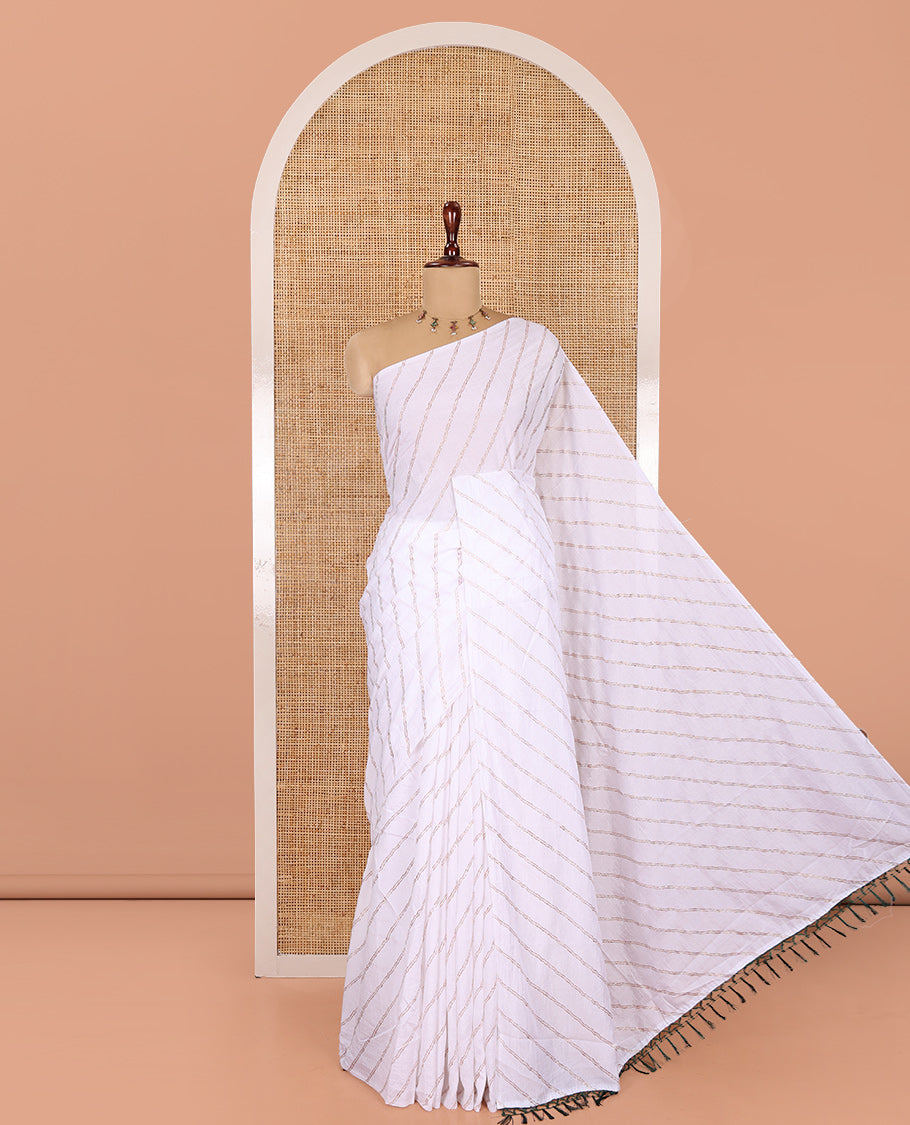 Borderless White-Green Rangoli Chiffon Saree, Gleamed Up with Foil-Printed Leheriya Stripes, a Contrast Sequins Blouse
